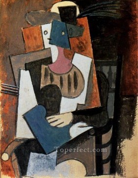  1919 Oil Painting - Femme au chapeau a plume assise dans un fauteuil 1919 Cubism